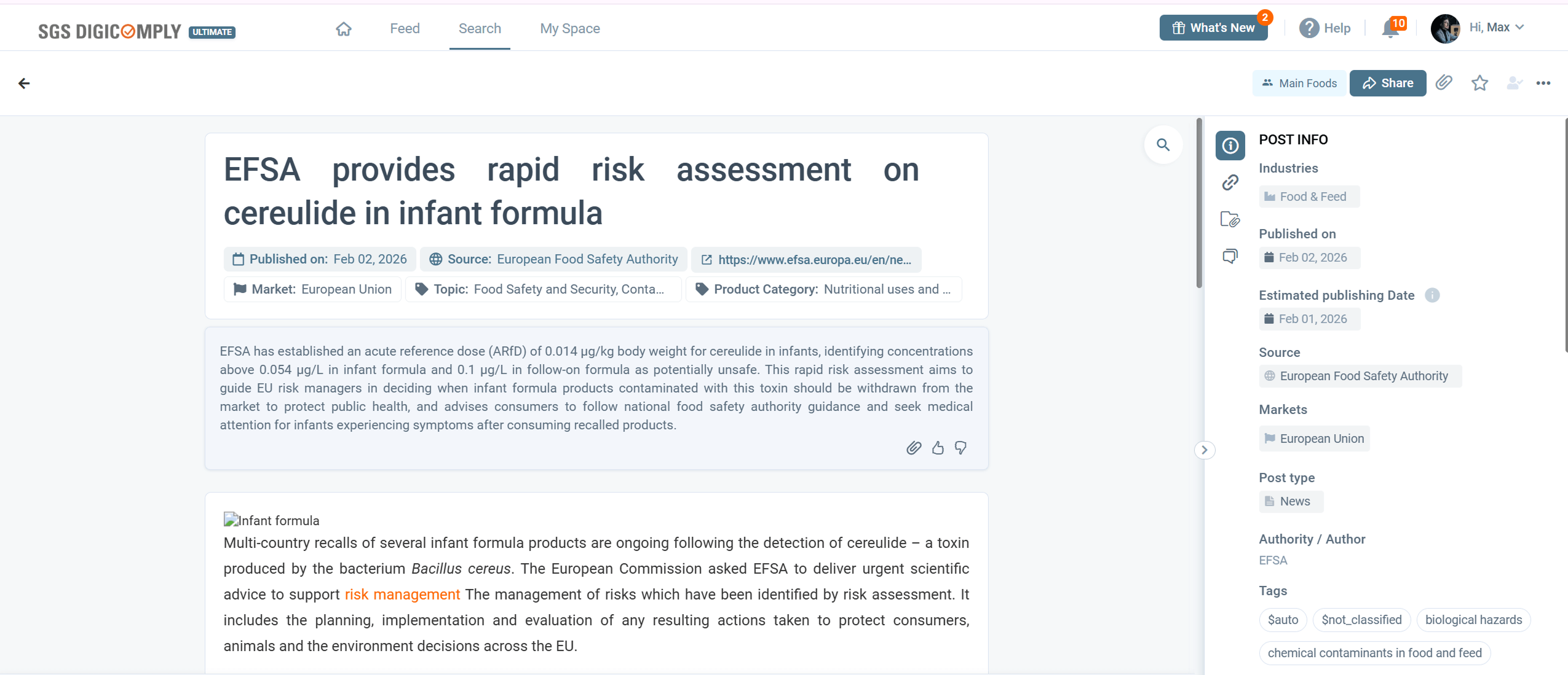 EFSA provides rapid risk assessment on cereulide in infant formula