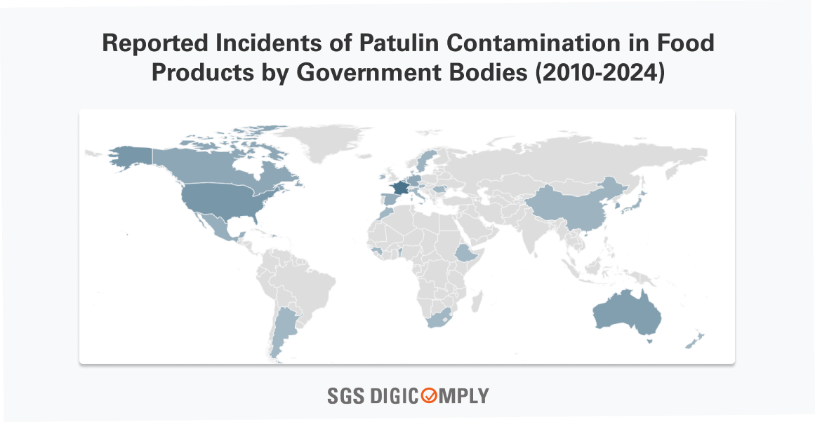 Reported Incidents of Patulin Contamination in Food Products by Government Bodies (2010-2024) map