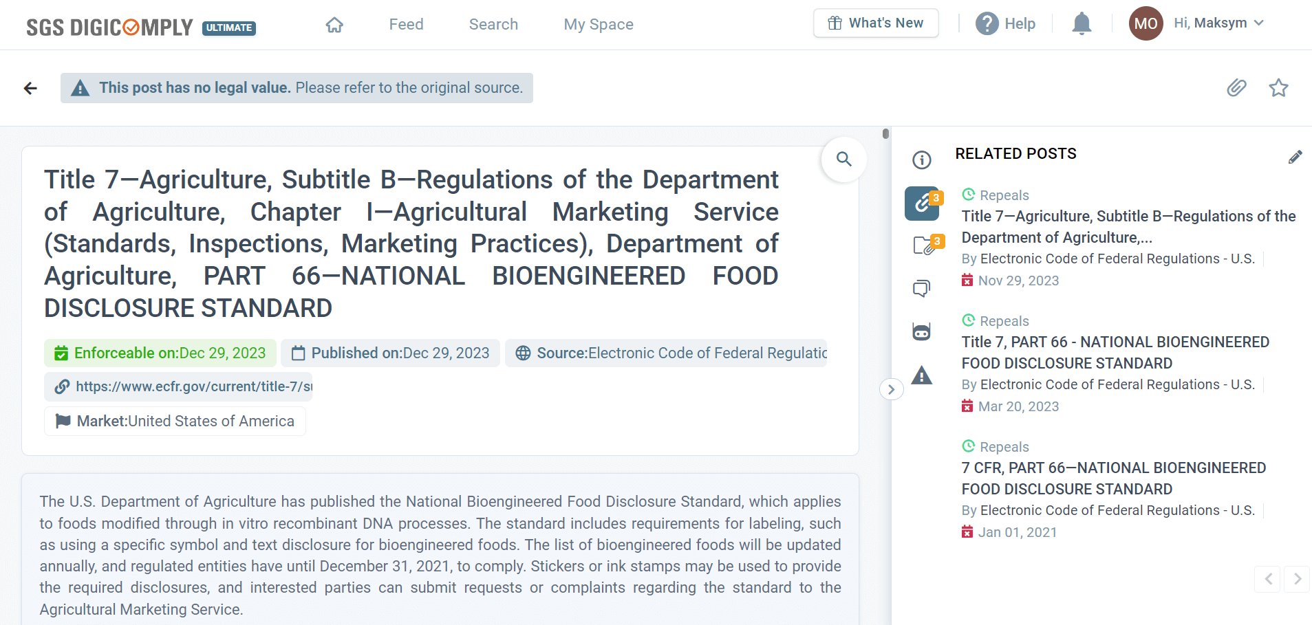 Title 7—Agriculture, Subtitle B—Regulations of the Department of Agriculture, Chapter I—Agricultural Marketing Service (Standards, Inspections, Marketing Practices), Department of Agriculture, PART 66—NATIONAL BIOENGINEERED FO