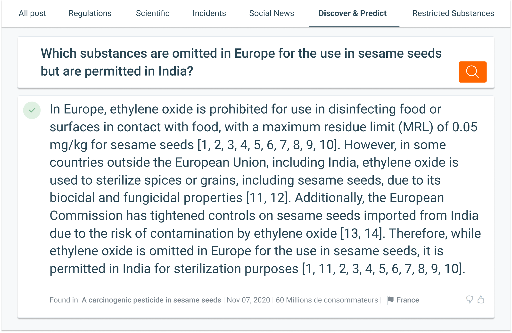 Which substances are omitted in Europe for the use in sesame seeds but are permitted in India_